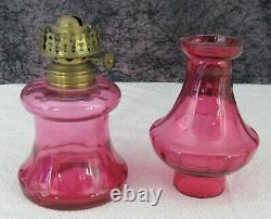 C 1880s Antique Victorian Cranberry Glass Miniature Kerosene Oil Lamp