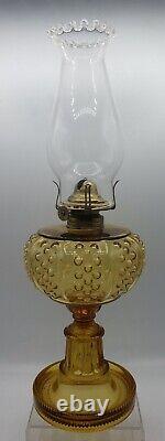 C. 1880s Central Beaded Panel Amber Glass Oil Lamp withScoville #0 Burner & Chimney