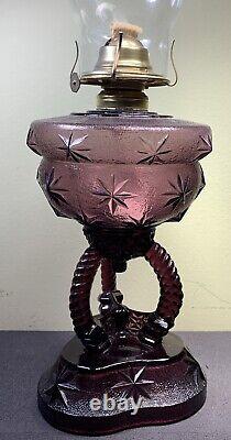 Cathedral Oil Lamp, Purple / Amethyst Stars Pattern, Beautiful! Rare! HTF