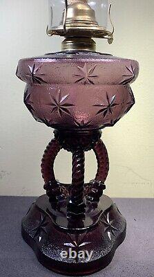 Cathedral Oil Lamp, Purple / Amethyst Stars Pattern, Beautiful! Rare! HTF