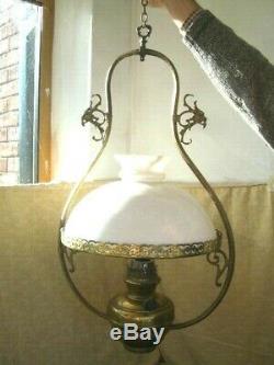 Ceiling Pendant Brass Oil Lamp Cowl Glass Vintage Antique Light Fitting