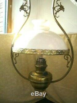 Ceiling Pendant Brass Oil Lamp Cowl Glass Vintage Antique Light Fitting