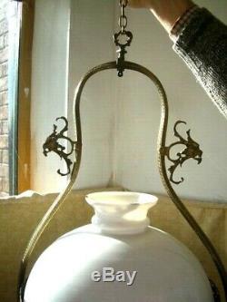 Ceiling Pendant Brass Oil Lamp Cowl Glass Vintage Antique Light Fitting