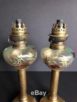 Charming Pair of ANTIQUE SIGNED KOSMOS BRENNER PEG OIL LAMPS PAINTED