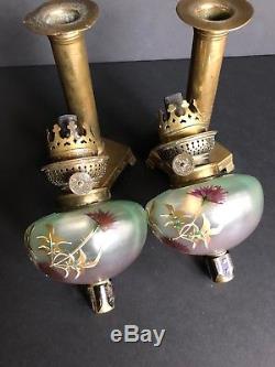 Charming Pair of ANTIQUE SIGNED KOSMOS BRENNER PEG OIL LAMPS PAINTED