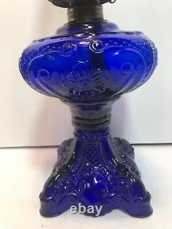 Cobalt Blue Princess Feather Glass Kerosene Oil Lamp Eagle Burner