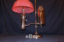 Complete 1890's Nickel Miller Pink Hobnail Opalescent Student Oil Lamp
