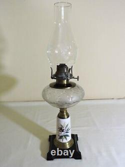 Composite Oil Lamp Flower Etched/Frosted Font, Painted Porcelain Stem