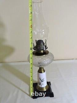 Composite Oil Lamp Flower Etched/Frosted Font, Painted Porcelain Stem