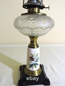 Composite Oil Lamp Flower Etched/Frosted Font, Painted Porcelain Stem