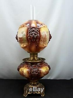Consolidated Glass Lion Head Brown Gone With The Wind Parlor Oil Lamp GWTW