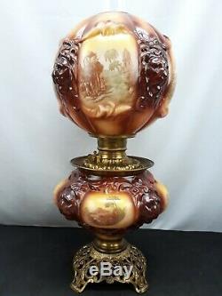 Consolidated Glass Lion Head Brown Gone With The Wind Parlor Oil Lamp GWTW