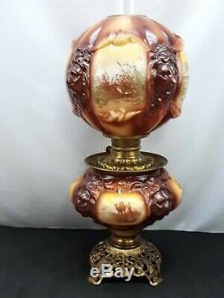 Consolidated Glass Lion Head Brown Gone With The Wind Parlor Oil Lamp GWTW