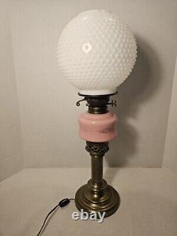 Converted Electric Victorian Brass Oil Lamp, Pink and Milk Glass Hobnail Globe