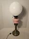 Converted Electric Victorian Brass Oil Lamp, Pink and Milk Glass Hobnail Globe