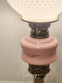 Converted Electric Victorian Brass Oil Lamp, Pink and Milk Glass Hobnail Globe