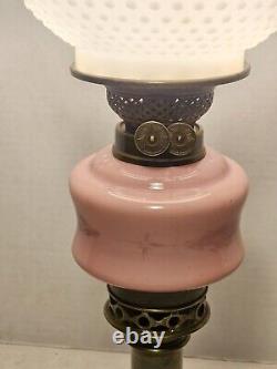 Converted Electric Victorian Brass Oil Lamp, Pink and Milk Glass Hobnail Globe