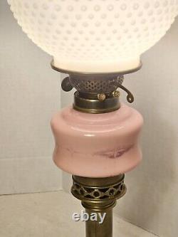 Converted Electric Victorian Brass Oil Lamp, Pink and Milk Glass Hobnail Globe