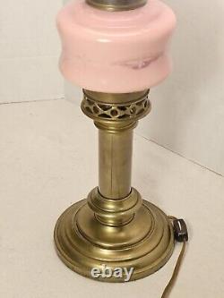 Converted Electric Victorian Brass Oil Lamp, Pink and Milk Glass Hobnail Globe