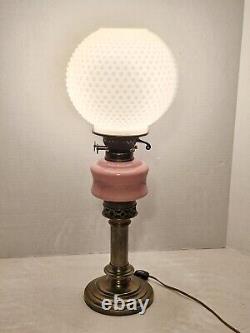 Converted Electric Victorian Brass Oil Lamp, Pink and Milk Glass Hobnail Globe