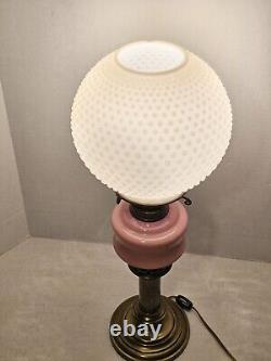 Converted Electric Victorian Brass Oil Lamp, Pink and Milk Glass Hobnail Globe