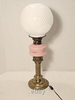 Converted Electric Victorian Brass Oil Lamp, Pink and Milk Glass Hobnail Globe