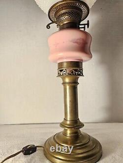 Converted Electric Victorian Brass Oil Lamp, Pink and Milk Glass Hobnail Globe