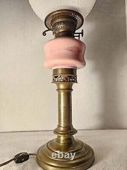 Converted Electric Victorian Brass Oil Lamp, Pink and Milk Glass Hobnail Globe