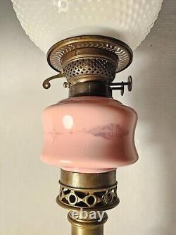 Converted Electric Victorian Brass Oil Lamp, Pink and Milk Glass Hobnail Globe