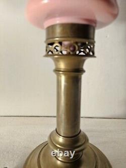 Converted Electric Victorian Brass Oil Lamp, Pink and Milk Glass Hobnail Globe