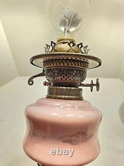 Converted Electric Victorian Brass Oil Lamp, Pink and Milk Glass Hobnail Globe