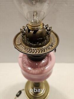 Converted Electric Victorian Brass Oil Lamp, Pink and Milk Glass Hobnail Globe