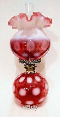 Cranberry Coin Dot Miniature Oil Lamp, Antique, Complete P & A Nutmeg Burner