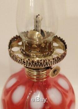 Cranberry Coin Dot Miniature Oil Lamp, Antique, Complete P & A Nutmeg Burner