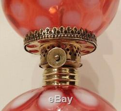 Cranberry Coin Dot Miniature Oil Lamp, Antique, Complete P & A Nutmeg Burner