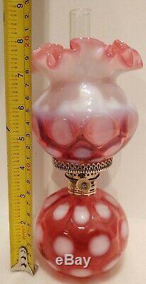 Cranberry Coin Dot Miniature Oil Lamp, Antique, Complete P & A Nutmeg Burner