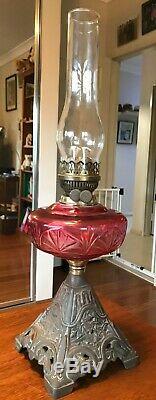 Cranberry Glass Kerosene/Oil Lamp/Brass Base