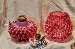 Cranberry Opalescent Hobnail Miniature Finger oil lamp, Antique, Complete