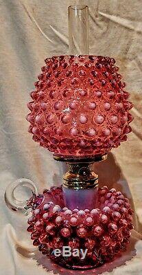 Cranberry Opalescent Hobnail Miniature Finger oil lamp, Antique, Complete