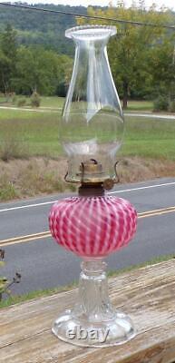 Cranberry White Reverse Swirl Buckeye Victorian Hand Hold Oil Lamp