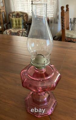 Cranberry/pink depression Era Glass Octagon Base Oil lamp globe & Wick Working