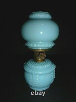 Cute Blue Milk Glass Miniature Oil Lamp With Matching Shade