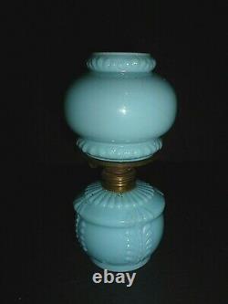 Cute Blue Milk Glass Miniature Oil Lamp With Matching Shade