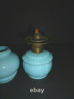Cute Blue Milk Glass Miniature Oil Lamp With Matching Shade