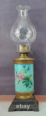 Cylindrical Oil Lamp Porcelain & Brass Laurel Wreath & Torch chimney antique