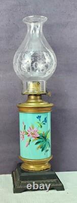 Cylindrical Oil Lamp Porcelain & Brass Laurel Wreath & Torch chimney antique