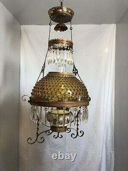 Dated 1892 Victorian Hanging Parlor Oil Lamp With Prisms & Amber Hobnail Shade