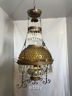 Dated 1892 Victorian Hanging Parlor Oil Lamp With Prisms & Amber Hobnail Shade