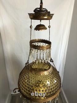 Dated 1892 Victorian Hanging Parlor Oil Lamp With Prisms & Amber Hobnail Shade