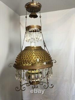 Dated 1892 Victorian Hanging Parlor Oil Lamp With Prisms & Amber Hobnail Shade